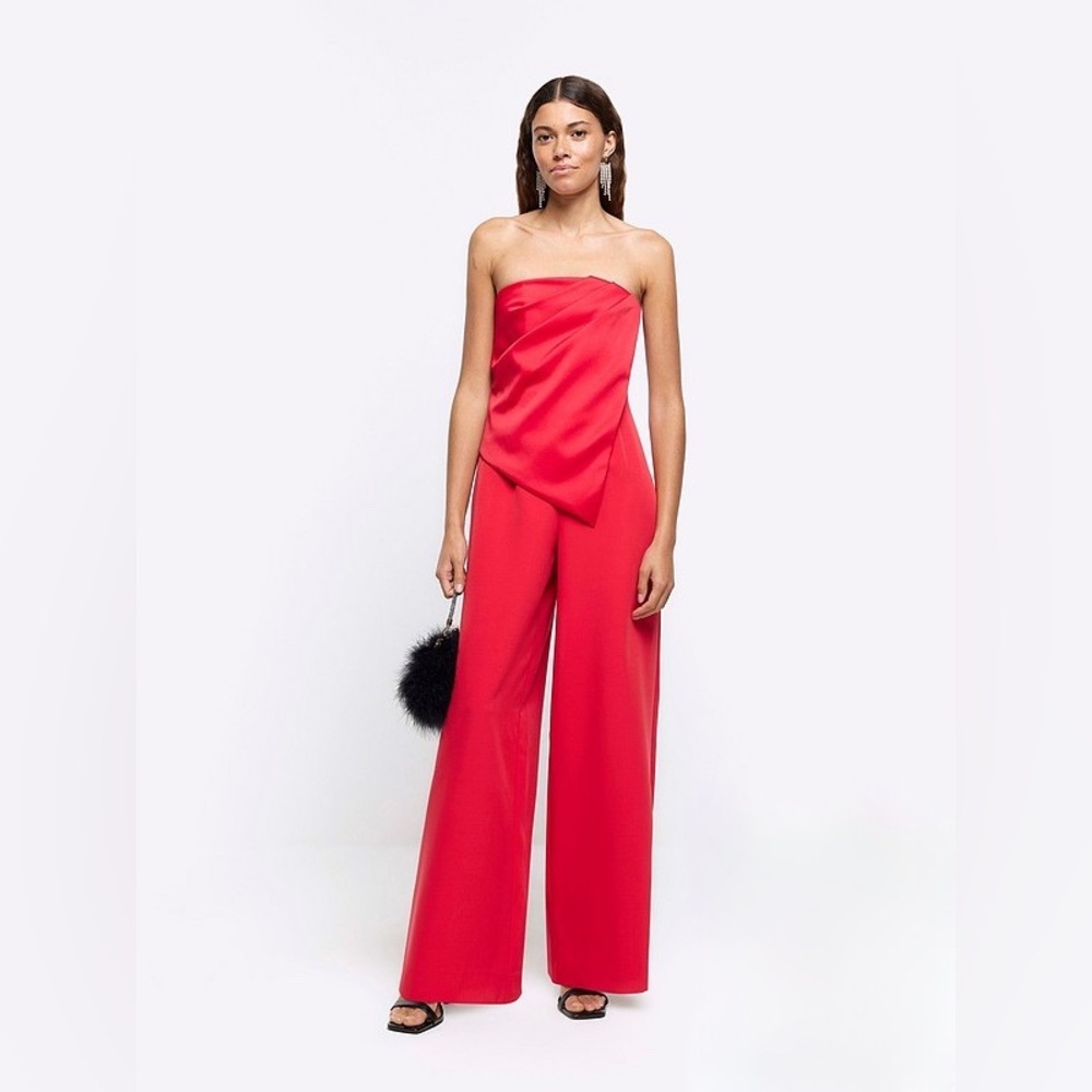 River Island Red Drape Bandeau Jumpsuit